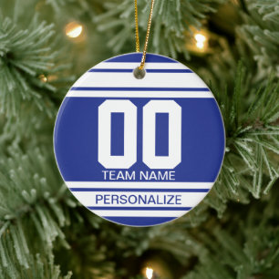 Dark Blue and White Jersey Stripe Sport Colours Ceramic Tree Decoration