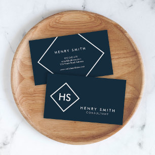 Dark Blue and White Minimalist Geometric Monogram Business Card