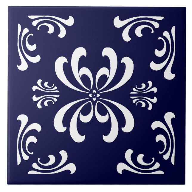 Dark Blue and White Nouveau Flourish Ceramic Tile (Front)