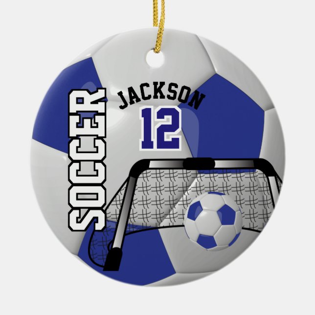 Dark Blue and White Personalise Soccer Ball Ceramic Tree Decoration (Front)