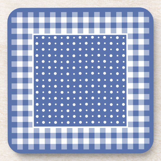 Dark Blue and White Polka Dots and Check Gingham Coaster (Front)