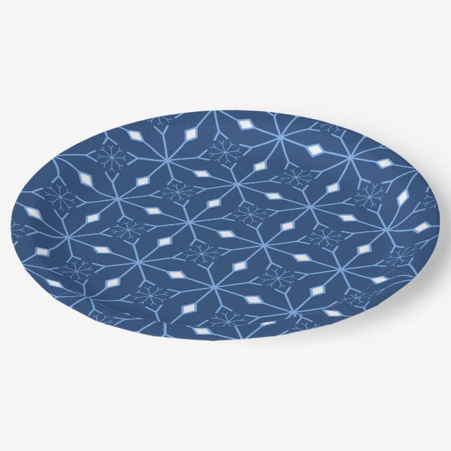Dark Blue and White Snowflake Pattern Paper Plates (Angled)