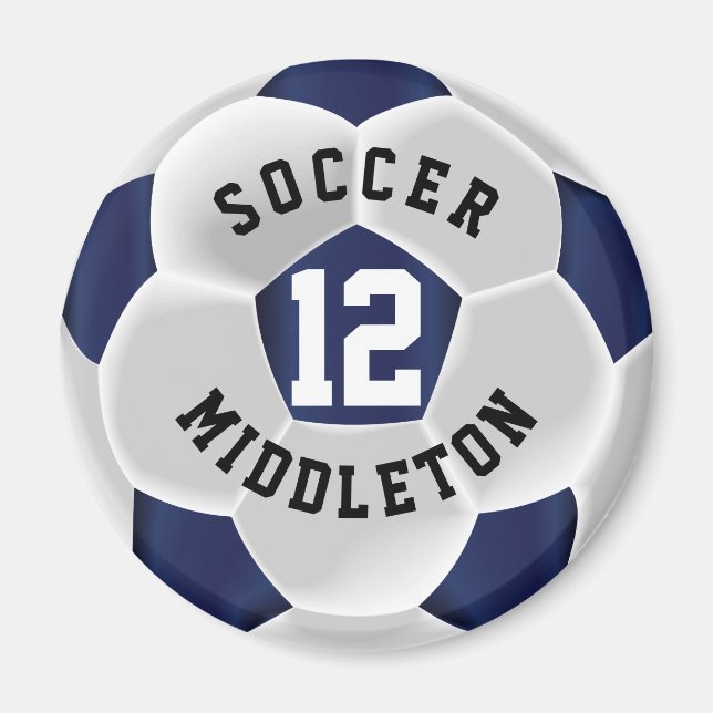 Dark Blue and White Soccer Sport Ball Magnet (Front)