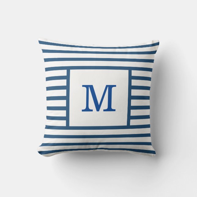 Dark Blue and White Stripes Custom Monogram Cotton Cushion (Front)