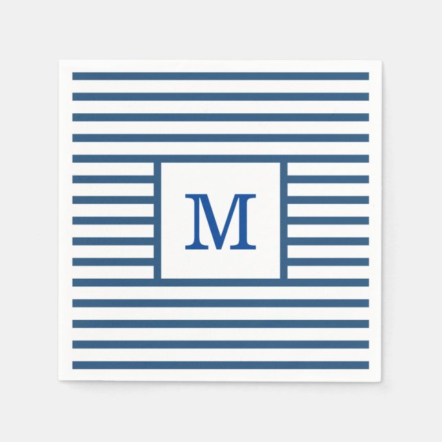 Dark Blue and White Stripes Custom Monogram Napkin (Front)