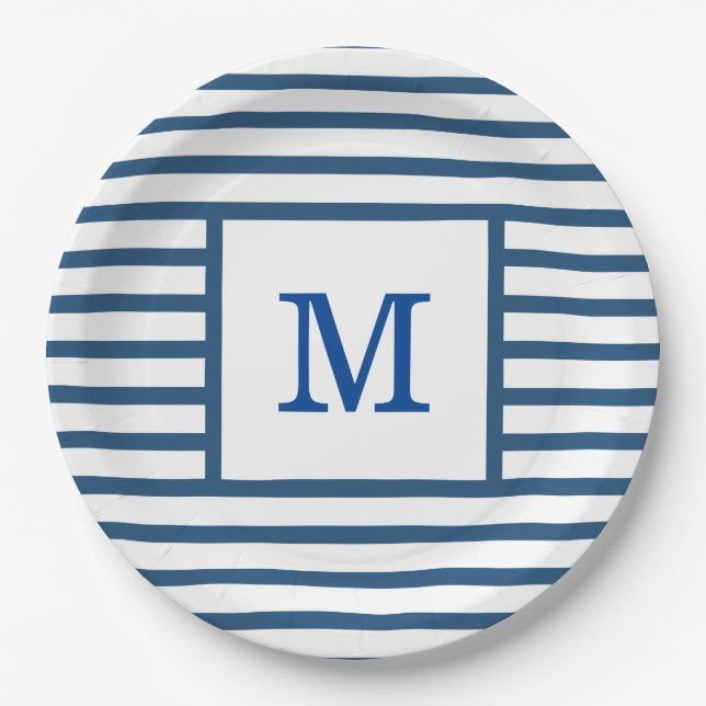 Dark Blue and White Stripes Custom Monogram Paper Plate (Front)