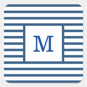 Dark Blue and White Stripes Custom Monogram Square Sticker