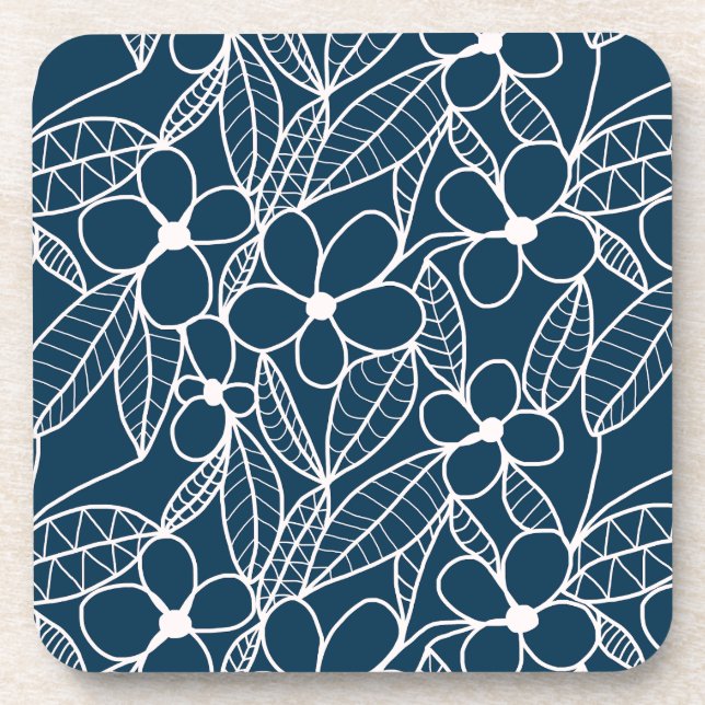 Dark Blue and White Tropical Flowers Coaster (Front)