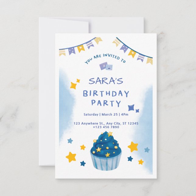Dark Blue and Yellow Confetti Birthday Invitation (Front)