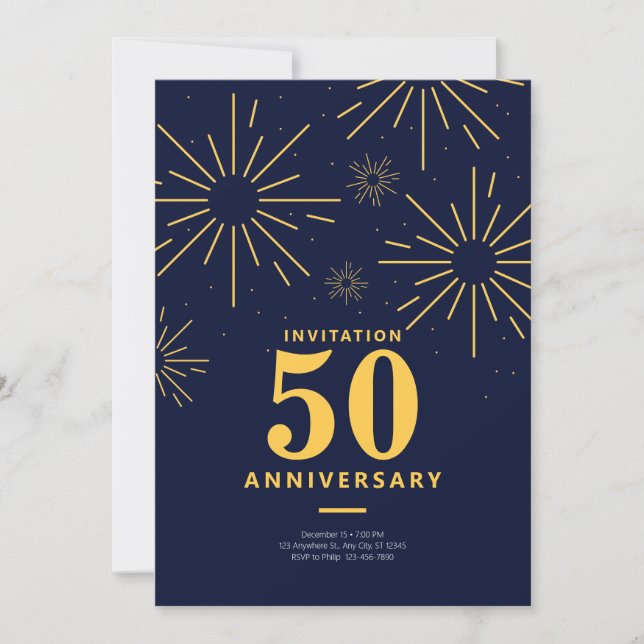 Dark Blue and Yellow Fireworks 50th Anniversary Invitation (Front)
