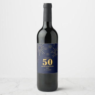 Dark Blue and Yellow Fireworks 50th Anniversary Wine Label
