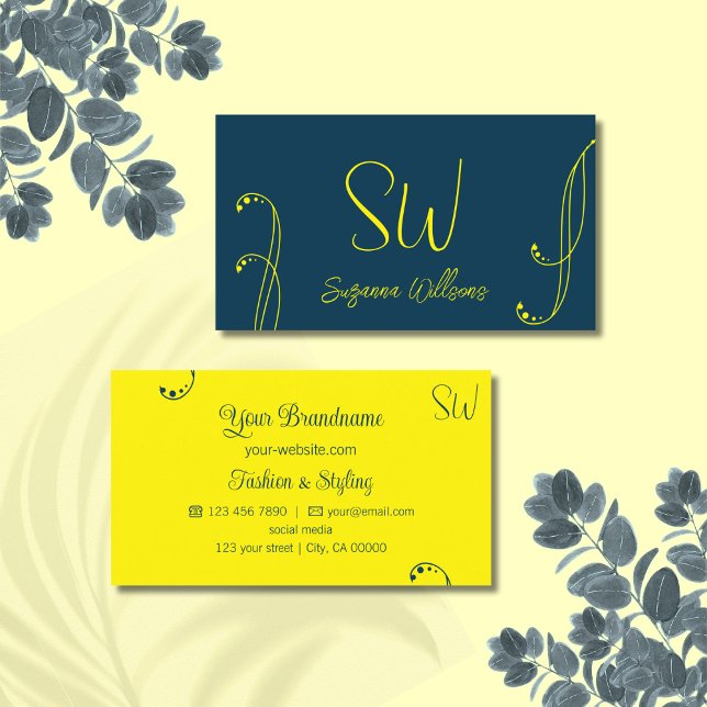 Dark Blue and Yellow Modern Ornate with Monogram Business Card (Creator Uploaded)