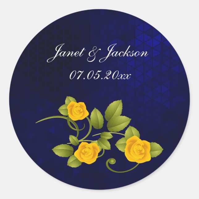 Dark Blue and Yellow Rose Wedding Classic Round Sticker (Front)