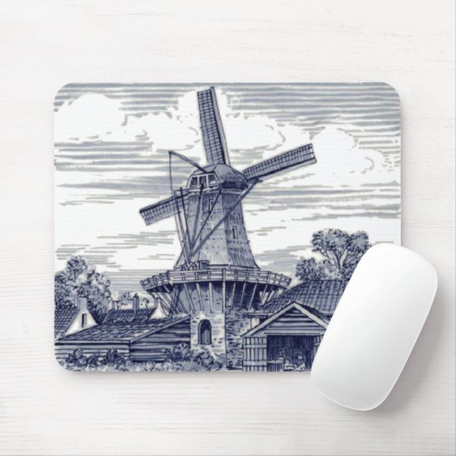 Dark Blue Antique Delft Blue Dutch Windmill Mouse Pad (With Mouse)