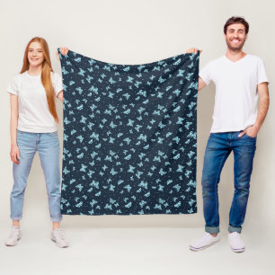 Dark blue aqua vintage butterfly motif pattern fleece blanket