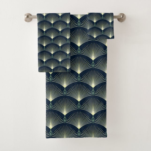 Dark Blue Art Deco Stylish Geometric Pattern  Bath Towel Set (Insitu)