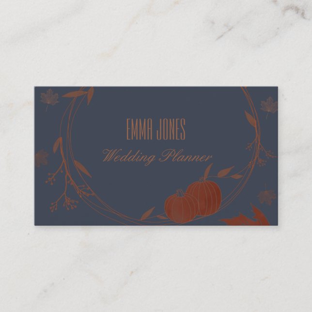 Dark Blue Autumn Pumpkins & Leaves  Business Card (Front)