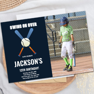 Dark Blue Baseball Birthday Invitations with photo