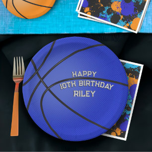 Dark Blue Basketball Happy Birthday Name Paper Plate