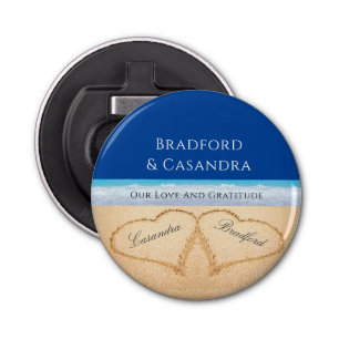 Dark Blue Beach Wedding 2 Hearts in the Sand Bottle Opener