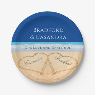 Dark Blue Beach Wedding 2 Hearts in the Sand  Pape Paper Plate