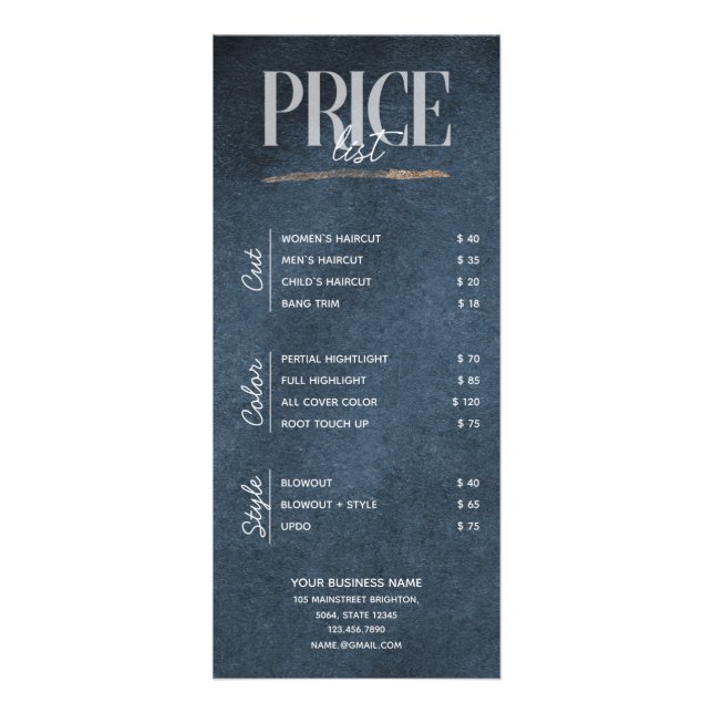 Dark Blue Beauty Salon Price List Rack Card (Front)
