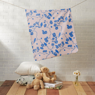 Dark Blue Bird Print on Blush Pink  Baby Blanket