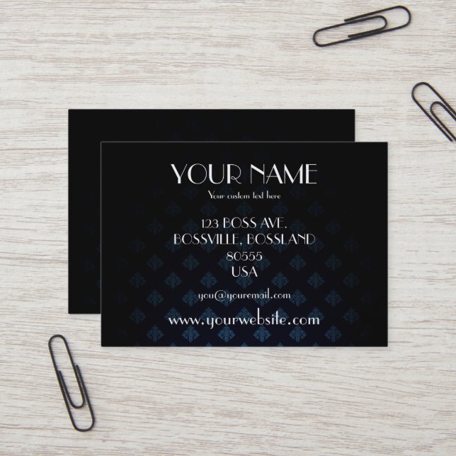 Dark Blue & Black Damask Custom Business Card (Front/Back In Situ)
