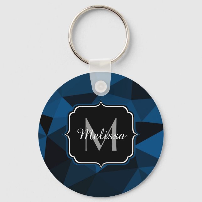 Dark blue black geometric mesh pattern Monogram Key Ring (Front)