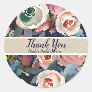 Dark Blue & Blush Pink Watercolor Floral Wedding Classic Round Sticker