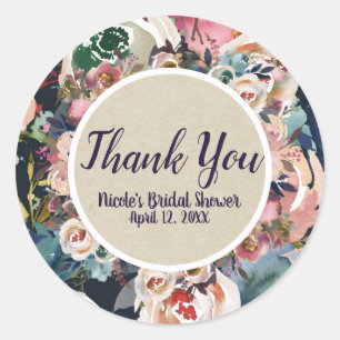 Dark Blue & Blush Pink Watercolor Floral Wedding Classic Round Sticker