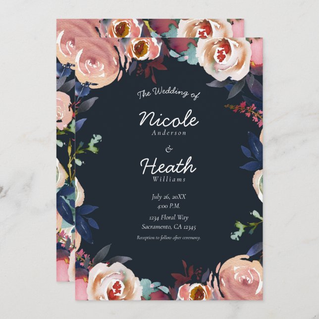 Dark Blue & Blush Pink Watercolor Floral Wedding   Invitation (Front/Back)