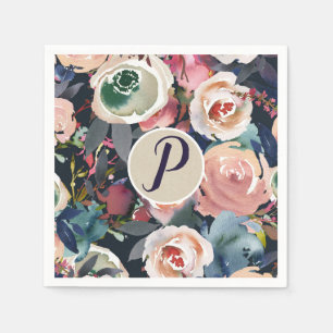 Dark Blue & Blush Pink Watercolor Floral Wedding  Napkin