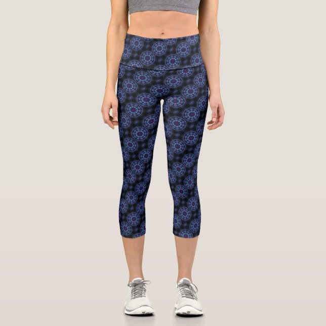 Dark Blue Boho Mandala Pattern Capri Leggings (Front)