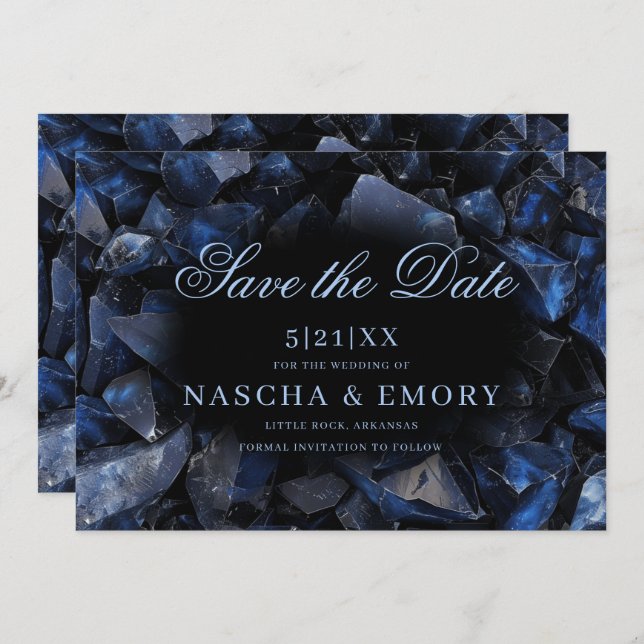 Dark Blue Boho Witch Crystals Black Wedding Save The Date (Front/Back)