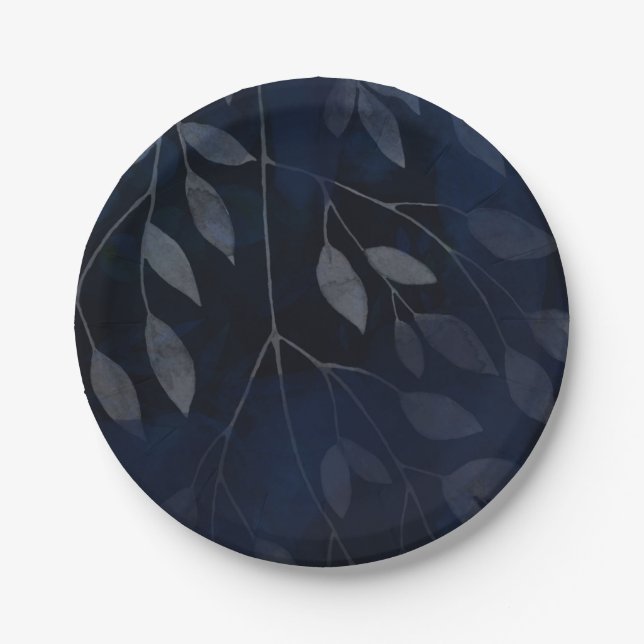 Dark Blue Botanical Leaves Modern Chic Wedding Paper Plate (Front)