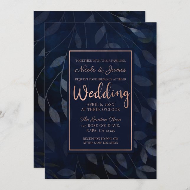 Dark Blue Botanical Leaves Modern Pink Wedding Invitation (Front/Back)