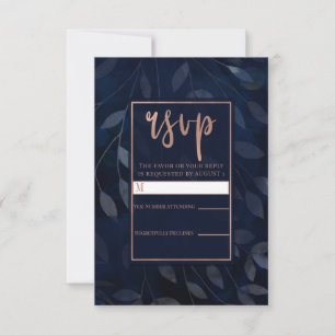 Dark Blue Botanical Leaves Rose Gold Wedding RSVP Card