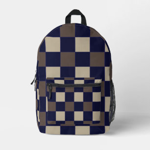 Dark Blue Brown Checks Checkerboard Pattern Printed Backpack