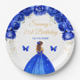Dark Blue Brown Hair Princess Birthday Party Paper Plate