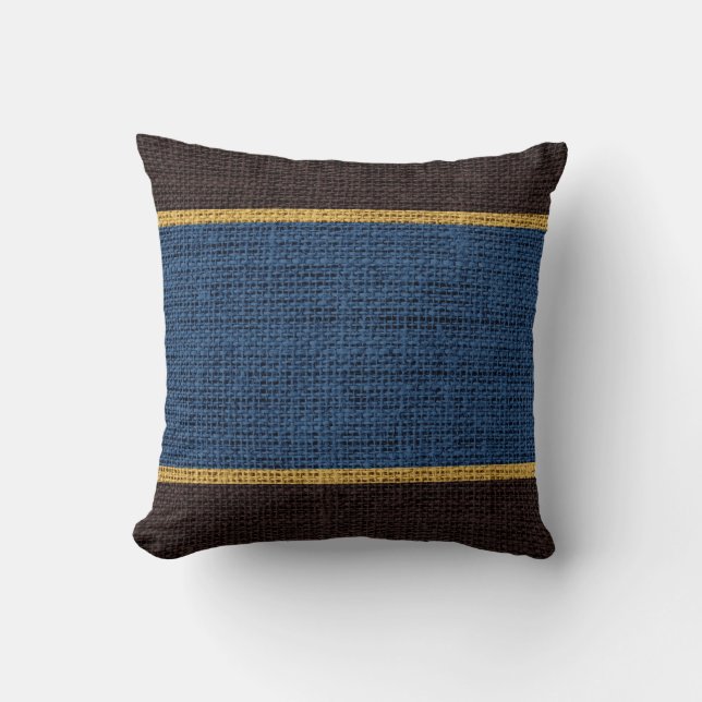 Dark Blue & Brown Rustic Burlap Jute Background Cushion (Front)