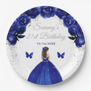Dark Blue Brunette Hair Princess Birthday Party Paper Plate