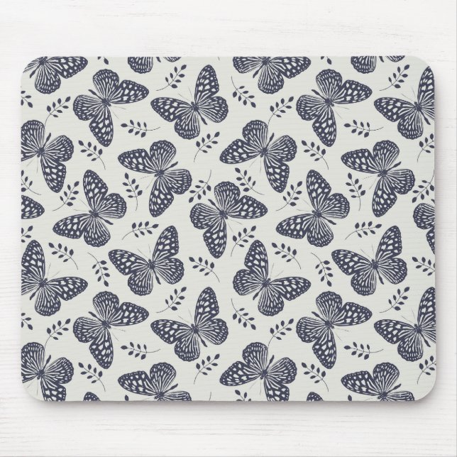 Dark blue butterfly pattern on grey background mouse pad (Front)