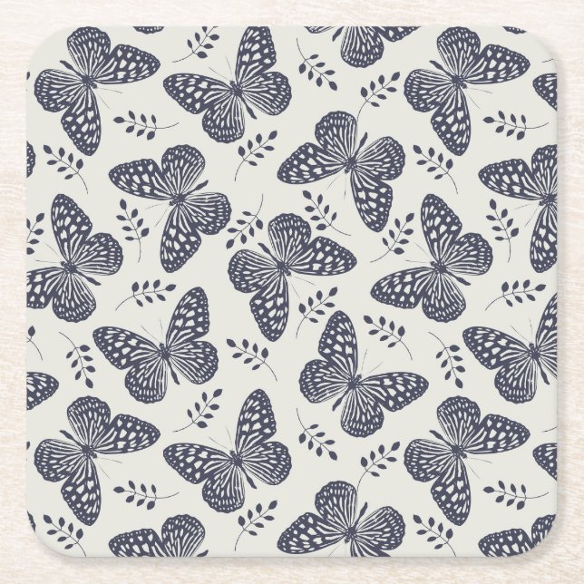 Dark blue butterfly pattern on grey background square paper coaster (Front)