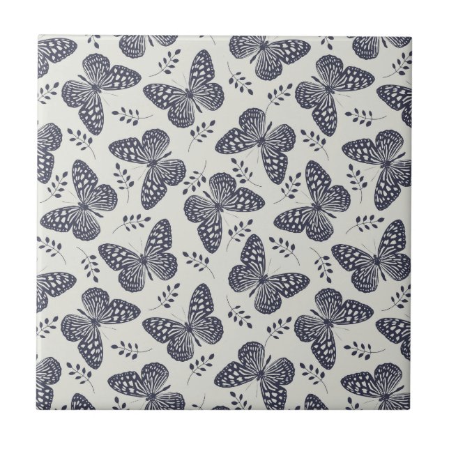 Dark blue butterfly pattern on grey background tile (Front)