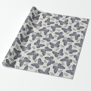 Dark blue butterfly pattern on grey background wrapping paper