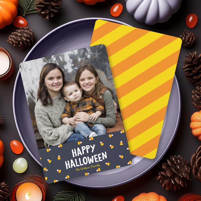 Dark Blue Candy Corn Photo Happy Halloween Card (Creator Uploaded)