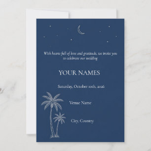 Dark Blue Celestial Wedding Invitation, Crescent M Invitation
