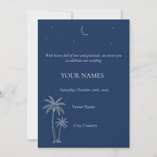 Dark Blue Celestial Wedding Invitation, Crescent M Invitation (Front)