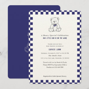 Dark Blue Chequerboard Our Little Cub Baby Shower Invitation